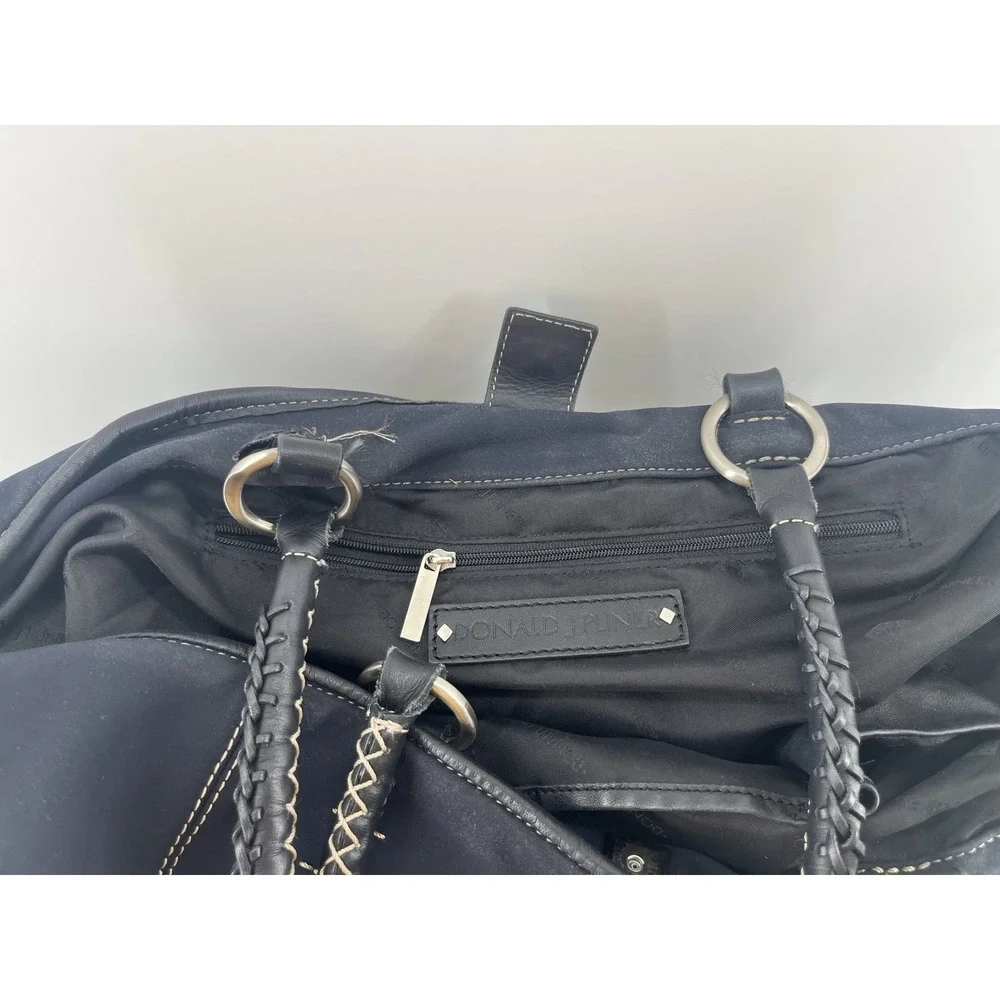 Donald J Pliner navy blue Nylon Leather Tote Braided‎ Handles